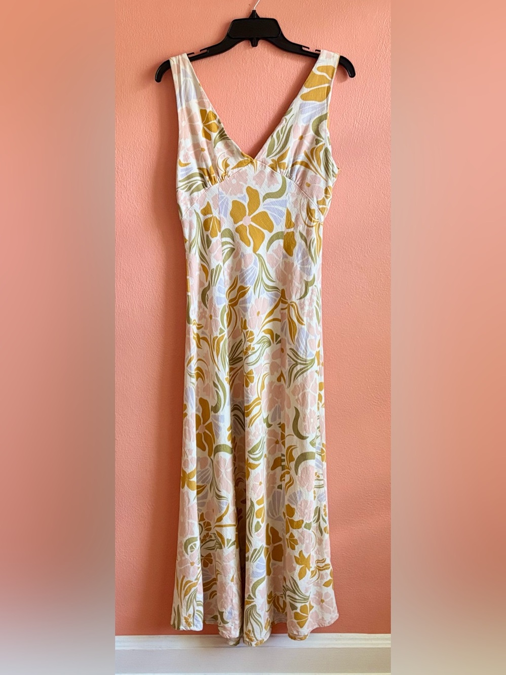 Floral V-Neck Maxi Dress in Pastel Pink and Mustard